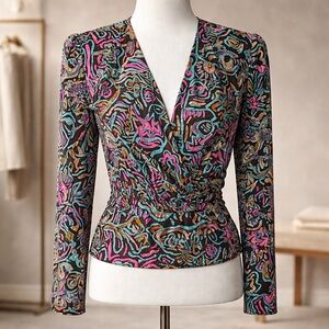 Vintage Flora Kung Abstract Print Wrap Silk Blouse